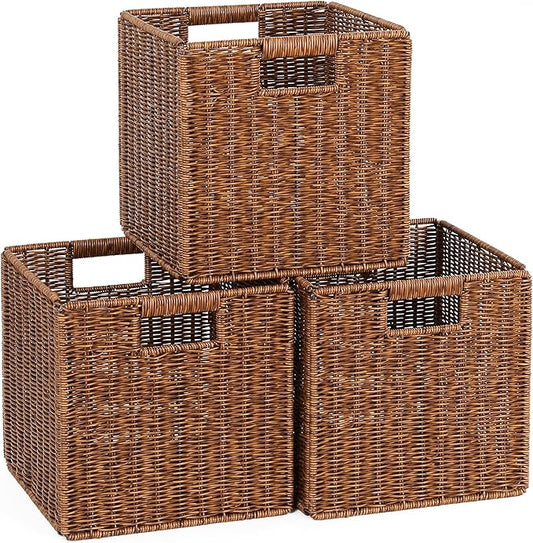 11X11X11in Brown Plastic Wicker Storage Basket, Foldable Cube Woven Storage Basket for Shelves, 11x11 Cube Storage Bins Set of 3, Wicker Storage Baskets for Laundry Nursery Room