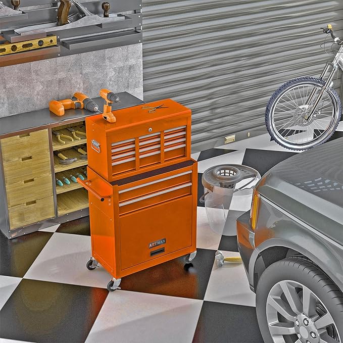 Rolling Tool Chest with Wheels Metal Tool Box on Wheels with 8 Drawers, Lockable Heavy Duty Toolbox Drawer Organizer Rolling Too Cart for Repair Shop, Garage, Orange