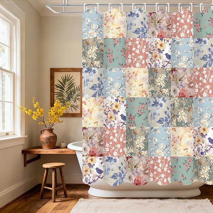 4Pcs Boho Shower Curtain Set Vintage Floral Bathroom Sets with Rugs Patchwork Floral Shower Curtain with 12 Hooks