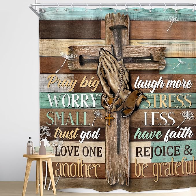 Homewelle Farmhouse Bible Verse Shower Curtain Christian Retro Rustic Wooden Prayer Scripture Inspirational Quotes 60Wx72H Inch Wood Cross Dandelion Flower Waterproof Polyester Fabric Bathroom Bathtub