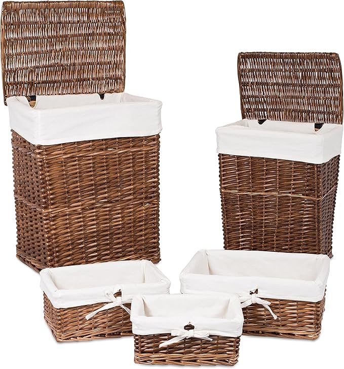 BirdRock Home Woven Willow Baskets with Liner | Set of 5 | Rectangular Hampers and Storage Bins with Lids | Decorative Wooden Wicker Baskets | Organizer | Natural (Brown)