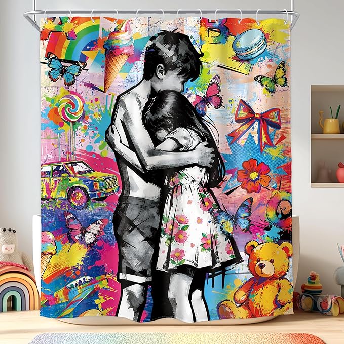Homewelle Abstract Graffiti Shower Curtain Colorful Funny Toy Bear Floral Flower Butterfly Sweetness Boy Girl Hug Candy Sweet Creative 60Wx72H Inch Cartoon Waterproof Polyester Fabric Bathroom Bathtub