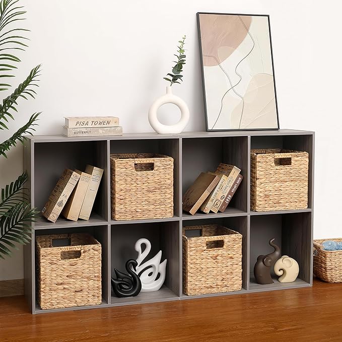 10.5x10.5in Wicker Storage Baskets, Handwoven Water Hyacinth Foldable Cube Bins for 11.5" × 11.5" and Larger Cube Shelves, Set of 4 (Natural)