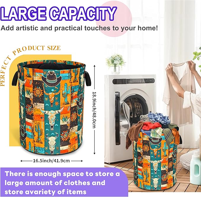 Western Cattle Skull Laundry Basket Cow Oxford Cloth Laundry Hamper Funny With Handle Foldable Portable Clothes Storage Basket 18.9 X 16.5 Storage Bag For Laundry Room/Bathroom/Bedroom/Dormitories