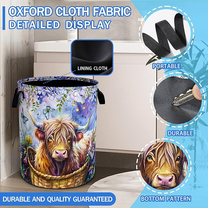 Highland Cow Laundry Basket Highland Cattle Oxford Cloth Laundry Hamper With Handle Foldable Portable Clothes Storage Basket 18.9 X 16.5 Inch Storage Bag For Laundry Room/Bathroom/Bedroom/Dormitories