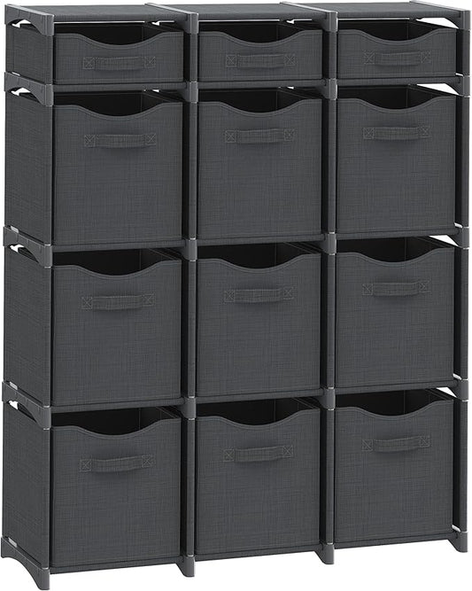 12 Cube Storage Organizer With Bins Included - Closet Storage With 12 Storage Bins - Easy To Assemble Storage Unit With Drawers - Closet Organization For Clothes, Bedroom, Nursery, & Toys (Dark Grey)