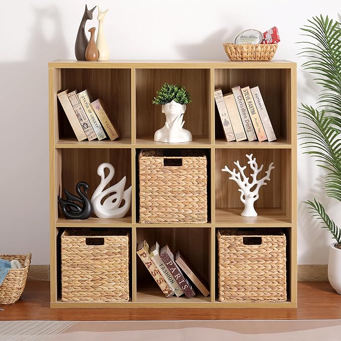 12 x 12 x 12in Water Hyacinth Storage Baskets, Wicker Storage Baskets for Shelves, Foldable Square Bins for IKEA Kallax Set of 3, Large Cubby Rattan Basket, Wicker Basket for Organizing