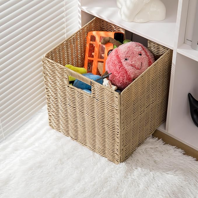 TAIMEI&G02 10.5 x 10.5 in Plastic Wicker Baskets for Cube Storage, Collapsible Square Wicker Storage Basket Set of 4, Rattan Storage Cube, Square Baskets for Shelves - Beige