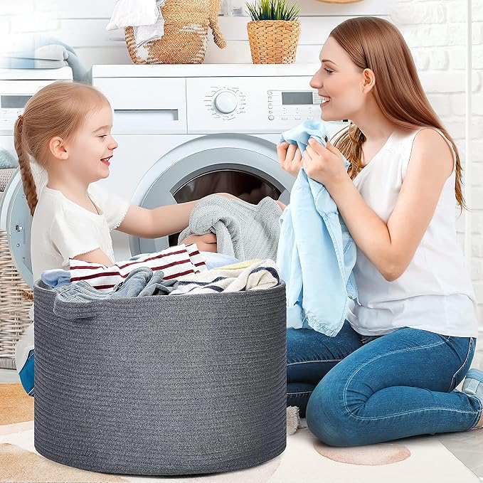 Blanket Basket - 20"x 20"x 13" Cotton Rope Basket for Living Room, Baby Toy Storage Basket, Large Woven Laundry Basket (Gray)