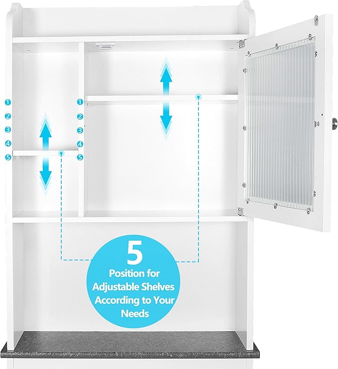 ZenStyle Over The Toilet Cabinet Double Door Wood Bathroom Storage Organizer with Adjustable Shelves, Cubby and Tempered Glass Door (White)
