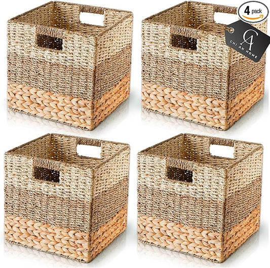 12x12 Storage Cube Bins Wicker Storage Basket for Cube Shelf, Natural Foldable Square Baskets for Storage, Large Woven Cube Storage Bin with Handle, Baskets for Pantry, Bedroom Set of 4