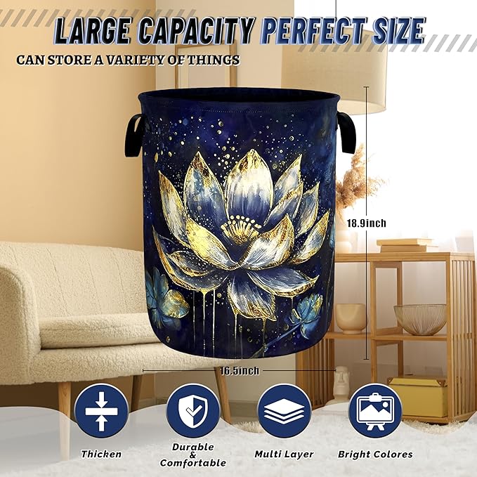 Lotus Flower Laundry Basket Foldable Watercolor Lotus Leaf Laundry Hamper With Handle Oxford Cloth Portable Clothes Storage Basket Laundry Bag 18.9"x16.5" For Laundry Room/Bedroom/Bathrooms