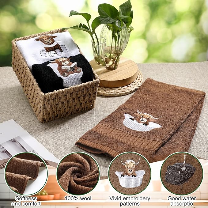 3 Pcs Highland Cow Hand Towels for Bathroom Embroidered Bathroom Towels Farmhouse Decorative 13.78 x 29.53 Inch Absorbent Soft Cotton for Dish Fast Drying Decor