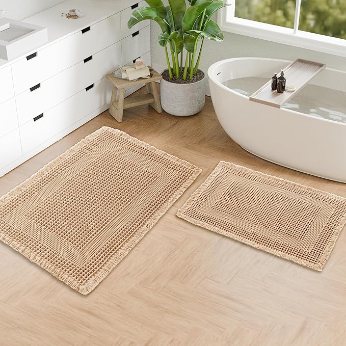 Hiasan Set of 2 Waffle Bath Mat, Super Absorbent Non Slip Bathroom Boho Rug with Tassels, Machine Washable Bath Mats for Bathroom, Ultra Soft Rubber Backed Rug, Loop-Brown, 16" x 24" + 20" x 32"