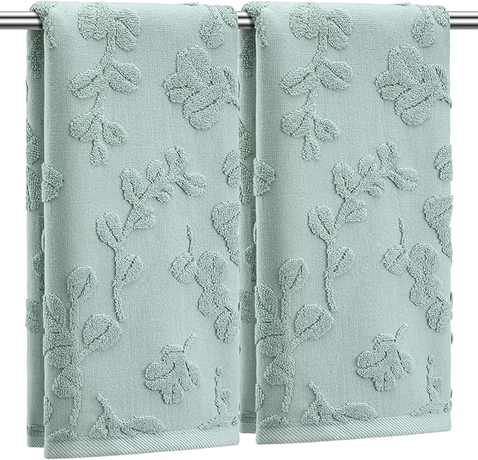 2Pcs Eucalyptus Leaves Hand Towels for Bathroom 100% Cotton Jacquard Weave Bath Towel Set Absorbent Dish Washcloth for Bathroom Kitchen Summer Theme Gifts 13.8 x 29.5 Inch (Sage Green)
