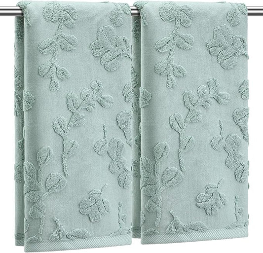 2Pcs Eucalyptus Leaves Hand Towels for Bathroom 100% Cotton Jacquard Weave Bath Towel Set Absorbent Dish Washcloth for Bathroom Kitchen Summer Theme Gifts 13.8 x 29.5 Inch (Sage Green)