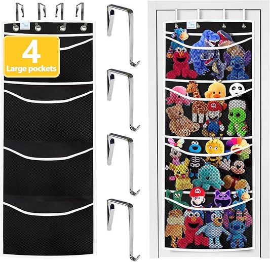 stuffed animal storage,The solution you have been looking for,stuff animal organizer,Holds a lot,toy storage,Way better than the ceiling hammocks,over the door,stuffy storage,Black+White