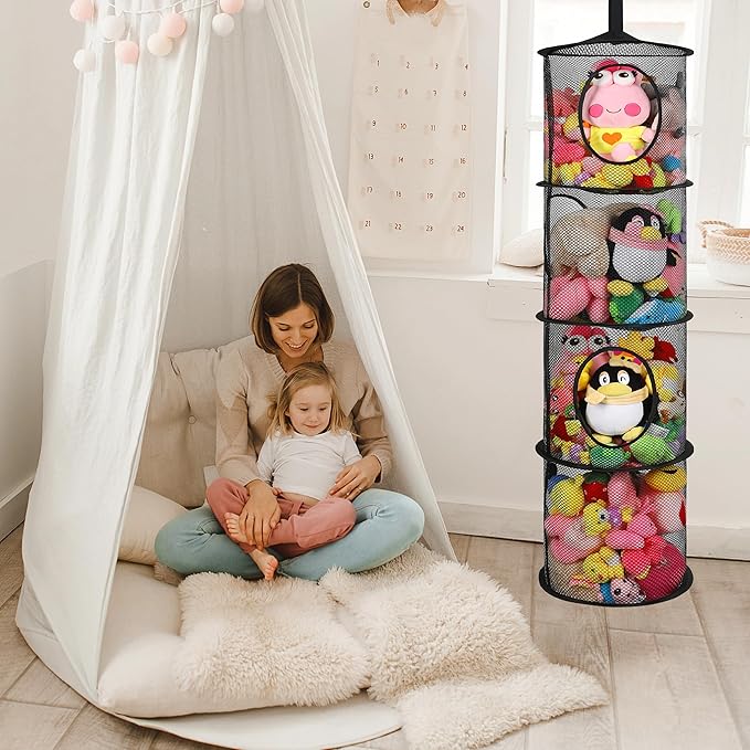 Hanging Stuffed Animal Storage, Foldable Corner Stuffed Animal Storage Organizer 4 Compartments Toy Storage Organizer for Kid Room Toys, Gloves,Hats,Socks Storage（Black）