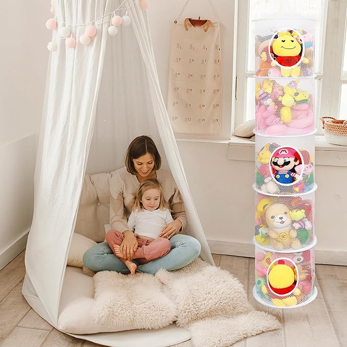 2Pcs Hanging Mesh Space Saver Bags Organizer, Foldable Stuffed Animal Storage Organizer 5 Compartments Toy Storage Organizer for Kid Room Toys, Gloves,Hats,Socks Storage, White