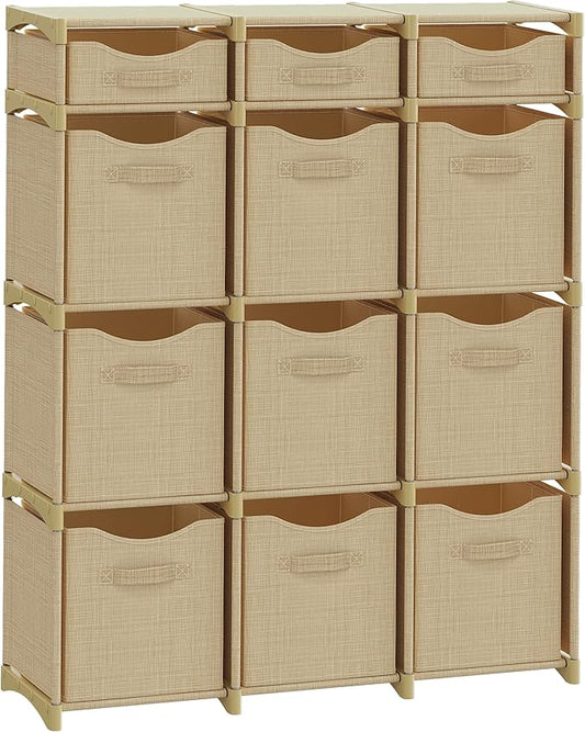 12 Cube Storage Organizer With Bins Included - Closet Storage With 12 Storage Bins - Easy To Assemble Storage Unit With Drawers - Closet Organization For Clothes, Bedroom, Nursery, & Toys (Beige)