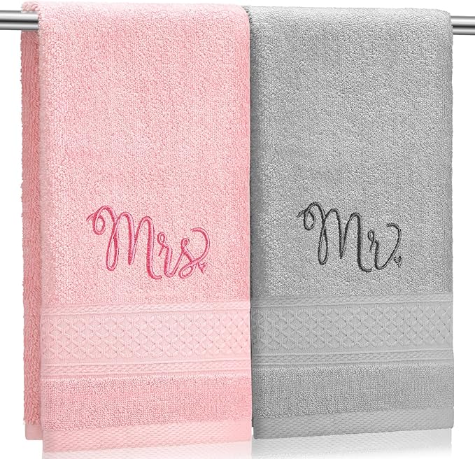 2 Pcs Mr. and Mrs. Hand Towels 100% Cotton Embroidered Bathroom Towel Wedding Mr. and Mrs. Gift for Valentine's Day Couple, Anniversary Bathroom Decor 29 x 13 Inch