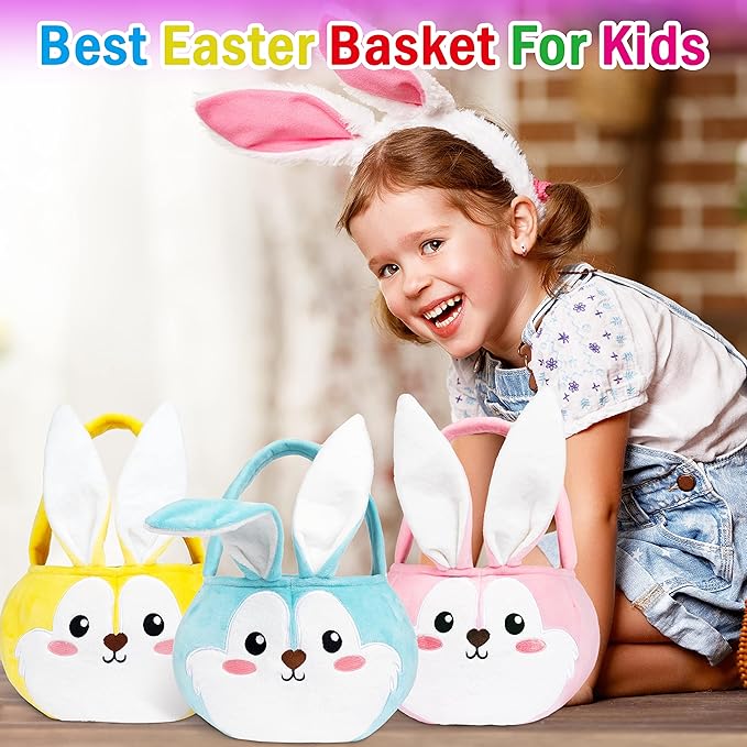 Easter Baskets 3 Pack Cute Empty Bunny Basket with Foldable Ears and Handle for Kids Boy Girl Gift, Easter Decor Set 3 Pink Blue Yellow