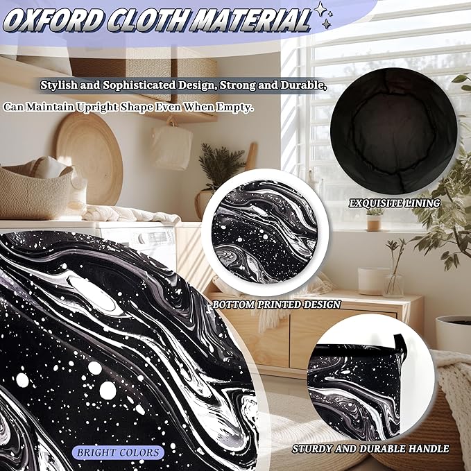 Black White Marble Laundry Basket Foldable Beautiful Pattern Laundry Hamper With Handle Oxford Cloth Portable Clothes Storage Basket Laundry Bag 18.9"x16.5" For Laundry Room/Bedroom/Bathrooms