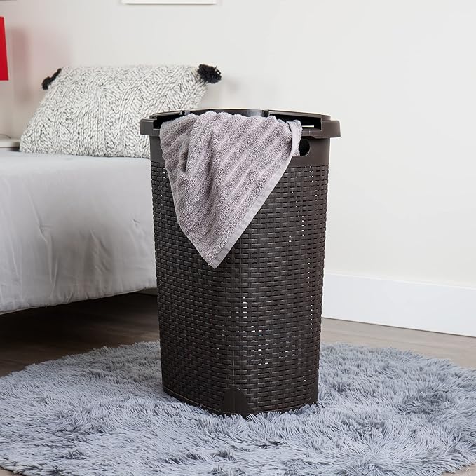 Mind Reader Slim Laundry Hamper with Lid, 60L Clothes Baskets, Premium Wicker Design, Plastic, 2-Pack, Brown