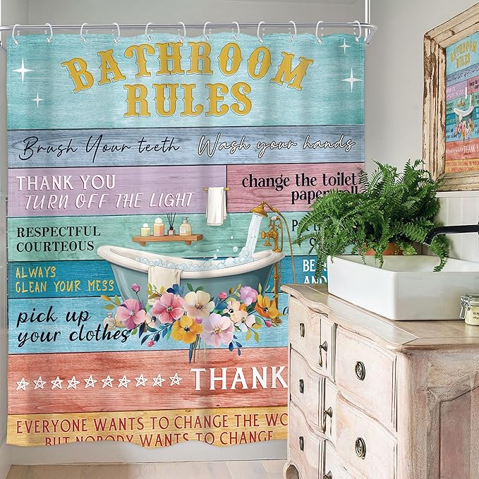 Homewelle Funny Bathroom Rules Shower Curtain Rustic Wooden Floral Farmhouse Inspirational Motivational Words Country Plank Cute 60Wx72H Inch Vintage Board Waterproof Polyester Fabric Bathroom Bathtub
