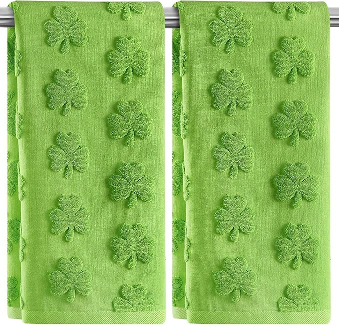 2 Pack St. Patrick's Day Hand Towels Kitchen Dish Towels Green Clover Shamrocks 100% Cotton Soft Absorbent Decorative Bathroom Towels Set for Cooking Baking Cleaning, 13.7'' x 29.5''