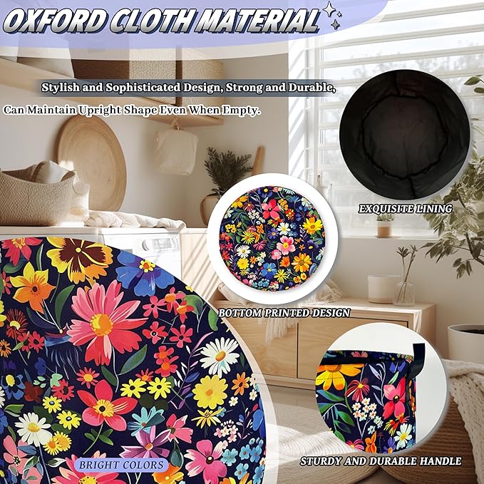 Colorful Flowers Laundry Basket Oxford Cloth Foldable Floral Laundry Hamper With Handle Portable Clothes Storage Organizer Basket 18.9x16.5 Inch Laundry Bag For Laundry Room/Bedroom/Bathroom