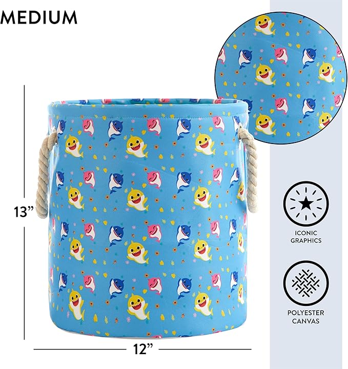 Baby Shark 3 Piece Multi Size Fabric Nestable Toy Storage Basket Set, with Rope Carry Handles