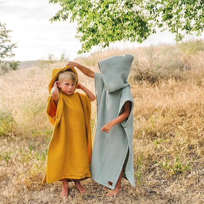 Jade&Kai Hooded Towel for Kids | Snaps into a Poncho | Organic Cotton Waffle | Lightweight and Absorbent | Bath, Beach, and Pool | Multiple Colors | (Medium (3-6 Yrs), Mustard Seed)