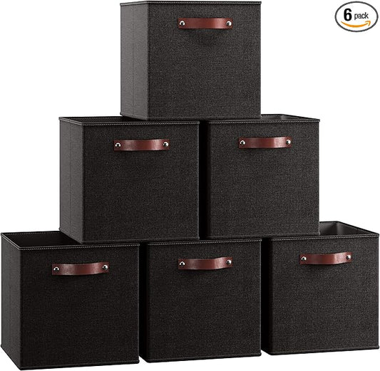 Ornavo Home 13 x 13 Storage Cube Bins, Foldable Collapsible Fabric Storage Bins Box Linen Shelf Basket Cube Organizer for Closet with Leather Handles, 6 Pack, Black