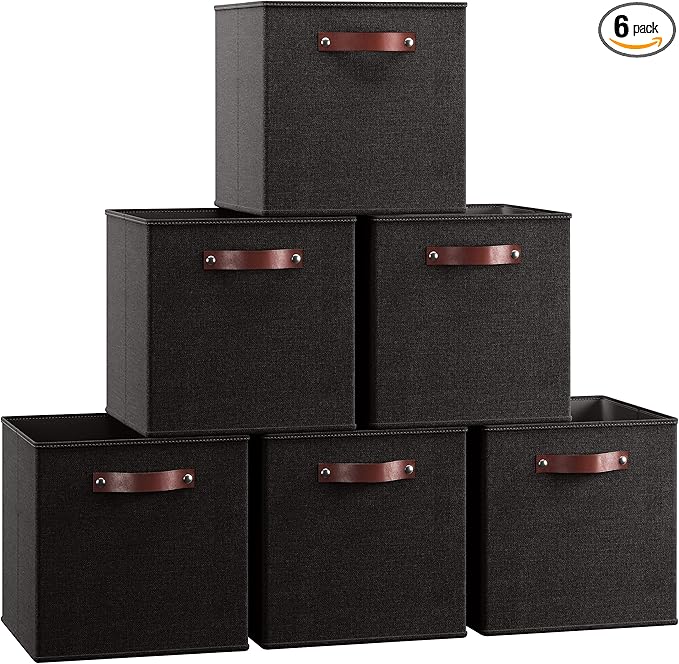 Ornavo Home 11 x 11 Storage Cube Bins, Foldable Collapsible Fabric Storage Bins Box Linen Shelf Basket Cube Organizer for Closet with Leather Handles, 6 Pack, Black