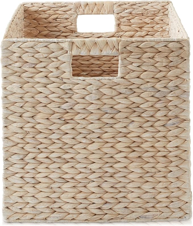 Casafield 13" x 13" Hyacinth Storage Baskets, Whitewash - Set of 4 Storage Organizers, Woven Wicker Cubes for Bathroom, Bedroom, Laundry, Shelves
