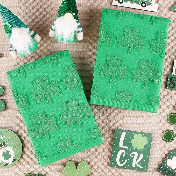 2 Pack St. Patrick's Day Hand Towels Kitchen Dish Towels Spring Green Clover Shamrocks 100% Cotton Soft Absorbent Decorative Bathroom Towels Set for Home Decor Clean, 13.7'' x 29.5''