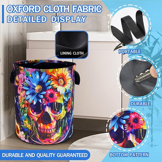 Skull Flowers Laundry Basket Oxford Cloth Funny Skeleton Laundry Hamper With Handle Foldable Portable Clothes Storage Basket 18.9 X 16.5 In Storage Bag For Laundry Room/Bathroom/Bedroom/Dormitories