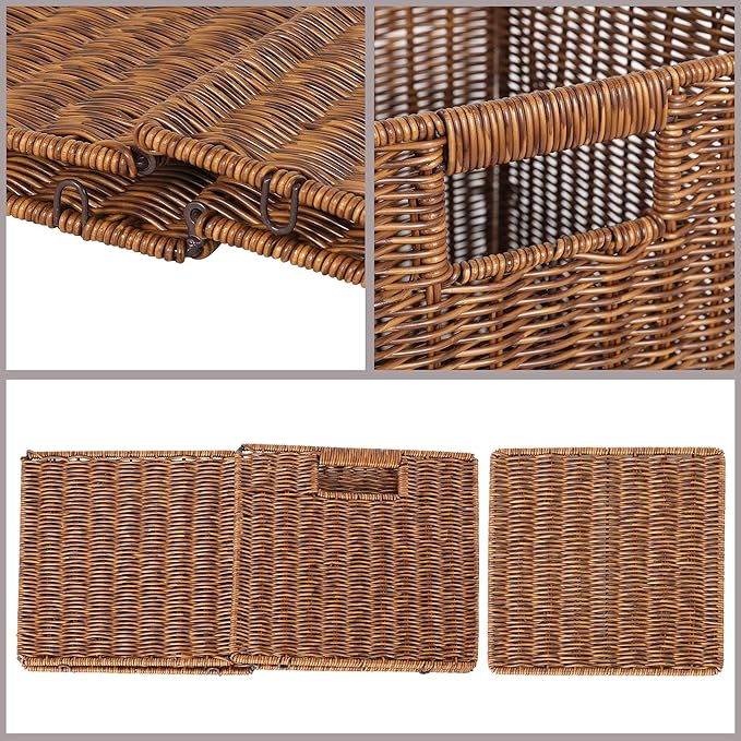 11X11X11in Brown Plastic Wicker Storage Basket, Foldable Cube Woven Storage Basket for Shelves, 11x11 Cube Storage Bins Set of 3, Wicker Storage Baskets for Laundry Nursery Room