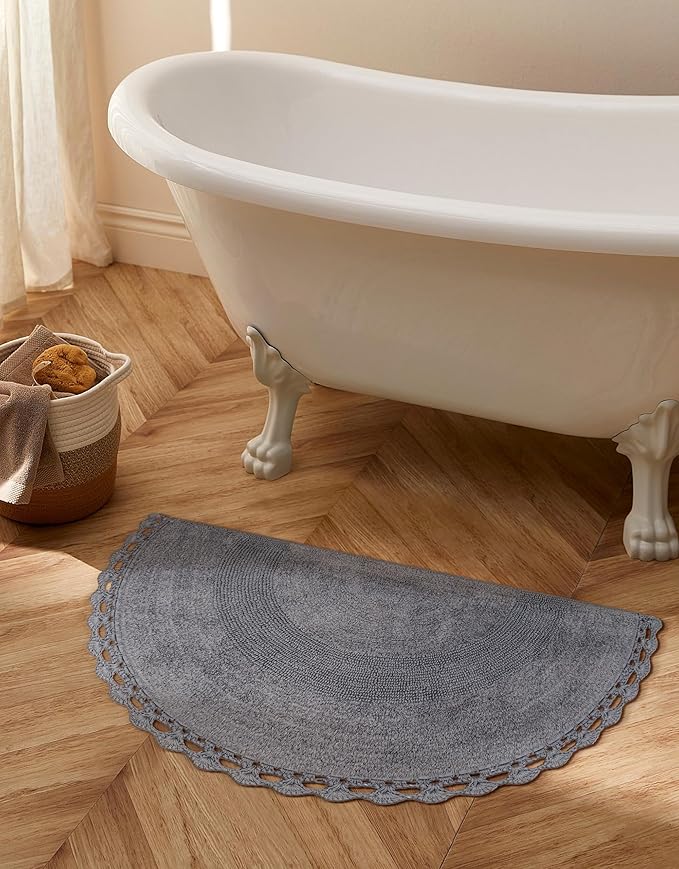 Half Moon Circle Bohemian Bathroom Rug with Handwoven Chrochet Border, Beautifully Handcrafted 100% Cotton Mat - 22x42", Round Boho Bedroom Rug, Boho Bathroom Décor, Machine Washable - Charcoal Grey