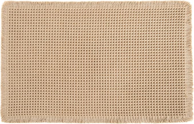 Hiasan Waffle Bath Mat, Super Absorbent Non Slip Bathroom Boho Rug with Tassels, Machine Washable Bath Mats for Bathroom, Ultra Soft Rubber Backed Rug, Brown, 20 x 32 Inches