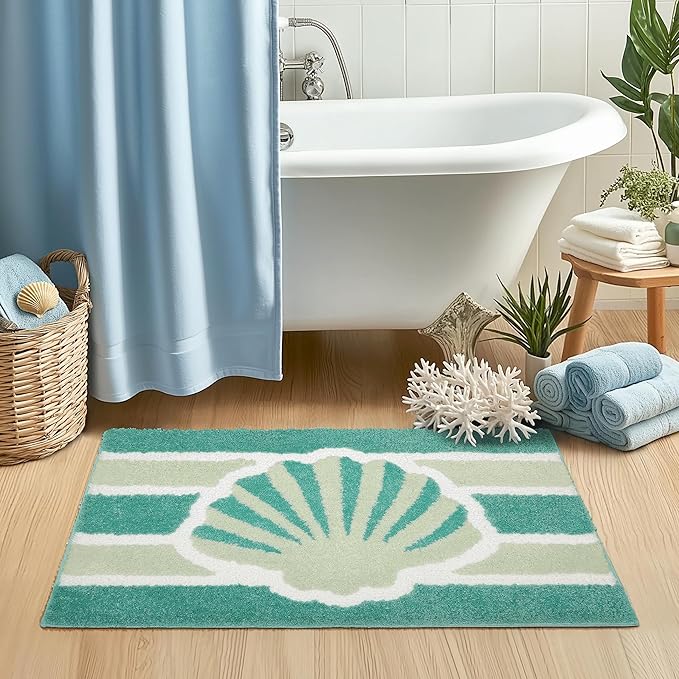 Green Beach Bathroom Rugs Non Slip Washable Cute Coastal Bath Mats Rugs for Bathroom Floor Nautical Fluffy Plush Soft Absorbent Farmhouse Carpet for Shower, Tub, 18x24 inch