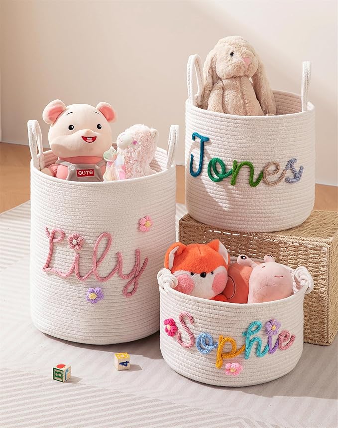 JUPPE Custom Baby Shower Basket, Personzlized Basket with Baby Name, Baby Boy Girl Storage Organizer Cotton Rope Nursery Decor Newborn Gift (XXL Basket)