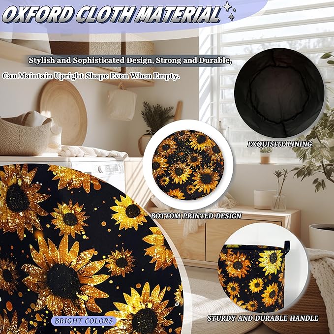Beautiful Sunflower Laundry Basket Foldable Oxford Cloth Yellow Floral Laundry Hamper With Handle Portable Clothes Storage Organizer Basket 18.9"x16.5" Storage Bag For Laundry Room/Bathroom/Bedroom