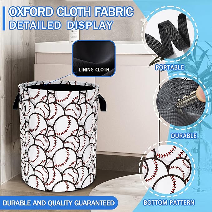 Baseball Laundry Basket Ball Sports Oxford Cloth Laundry Hamper With Handle Foldable Portable Clothes Storage Basket 18.9 X 16.5 In Storage Bag For Laundry Room/Bathroom/Bedroom/Dormitories