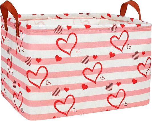 Large Valentine's Day Basket Heart Shaped Storage Bin for Gifts Collapsible Organizer Room Decor (Pink Horizontal Bar Love)