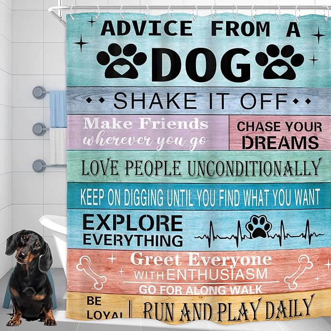 Homewelle Funny Dog Quotes Shower Curtain Rustic Wooden Farmhouse Inspirational Motivational Words Country Vintage Board Plank Cute 60Wx72H Inch Colorful Waterproof Polyester Fabric Bathroom Bathtub