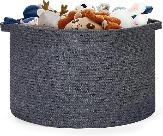 Blanket Basket - 20"x 20"x 13" Cotton Rope Basket for Living Room, Baby Toy Storage Basket, Large Woven Laundry Basket (Gray)
