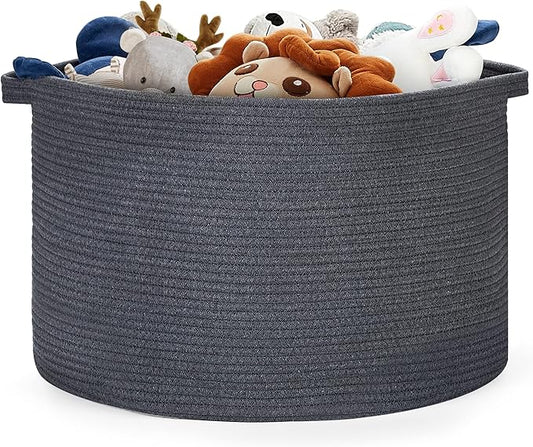 Blanket Basket - 20"x 20"x 13" Cotton Rope Basket for Living Room, Baby Toy Storage Basket, Large Woven Laundry Basket (Gray)