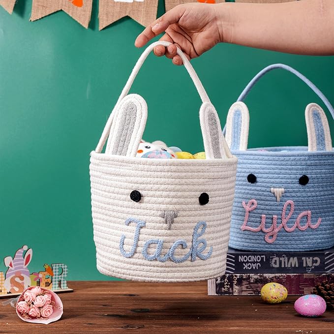 JUPPE Personzlized Easter Bunny Basket with Kids Name, Custom Easter Storage Organizer Basket Cotton Rope Nursery Decor Easter Gift (Easter Bunny)
